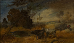 Zwei Kühe und Bauern mit Heuwagen, n/a, N/A