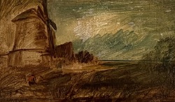 Windmühle in herbstlicher Landschaft, Öl auf Papier/Hartfaserplatte, 1870-93, 10,5 &times; 18,6 cm
