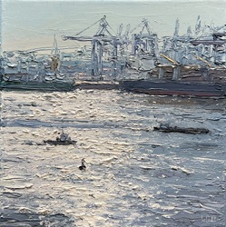 Containerhafen im Gegenlicht, Öl auf Leinwand, 2023, 25 &times; 25 cm
