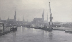 Lübecker Hafen im Nebel, Öl auf Leinwand, 60 &times; 100 cm
