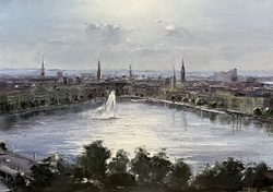 Hamburg im Gegenlicht, Öl auf Leinwand, 2024, 50 &times; 70 cm