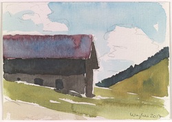 Stadel mit Wolken, Aquarell, 2017, 10,5 &times; 15 cm