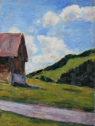 Stadel mit Wolken, Öl auf Leinwand, 2017, 40 &times; 30 cm