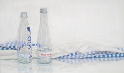 Flaschen mit Stoff, Öl auf Leinwand, 2015, 30 &times; 50 cm
