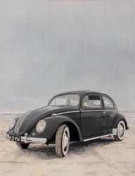 VW Käfer schwarz am Vejers Strand, Öl auf Pappe auf Holz, lackiert, 2025, 50 &times; 65 cm