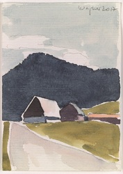 Weg, Häuser und Berg (Schönenbach), Aquarell, 2017, 15 &times; 10,5 cm