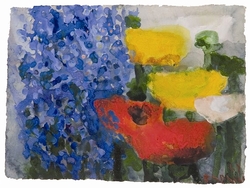 Roter, gelber Mohn und Vergißmeinicht, Gouache, 2000, 28,5 &times; 39 cm